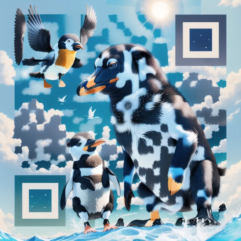 Artistic QR code generated from the prompt: ein Pinguin unterhält sich mit einem Nilpferd und im blau strahlendem Himmel fliegt eine Wildgans