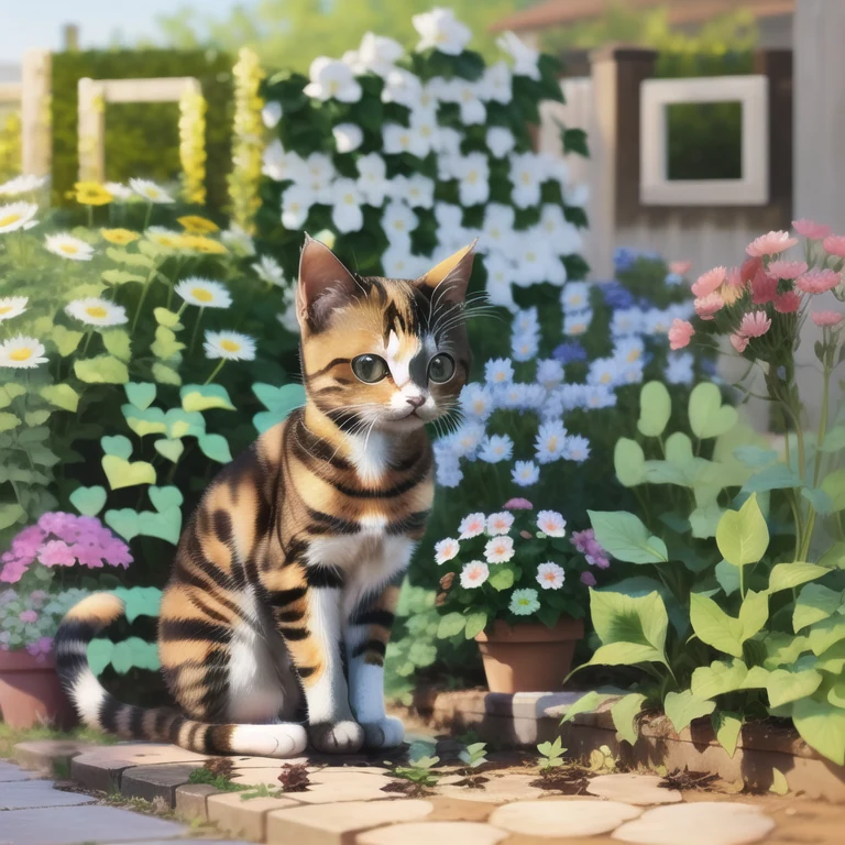 Artistic QR code generated from the prompt: a cute cat in garden, leaves, flowers