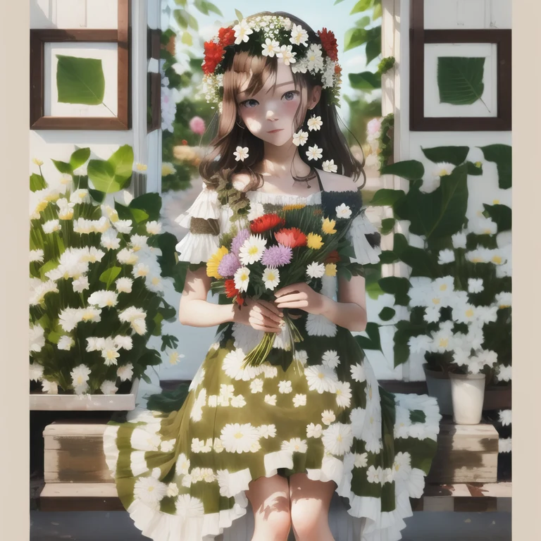 Artistic QR code generated from the prompt: beautiful girl in dress, flowers, leaves