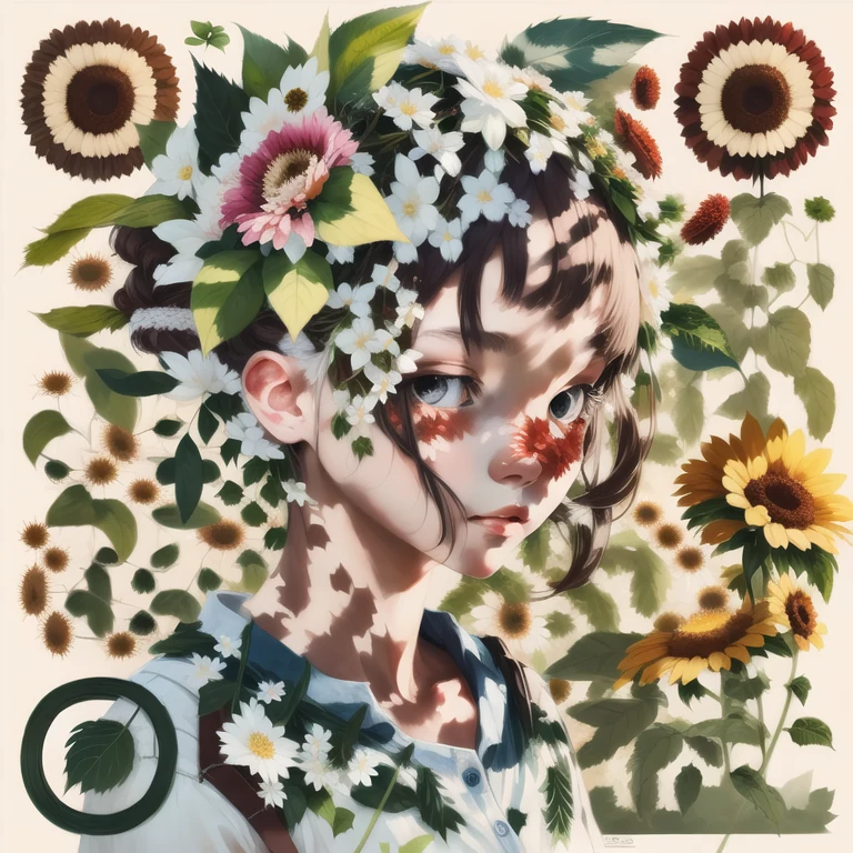 Artistic QR code generated from the prompt: leaves, flowers, 1girl, solo, art,--round