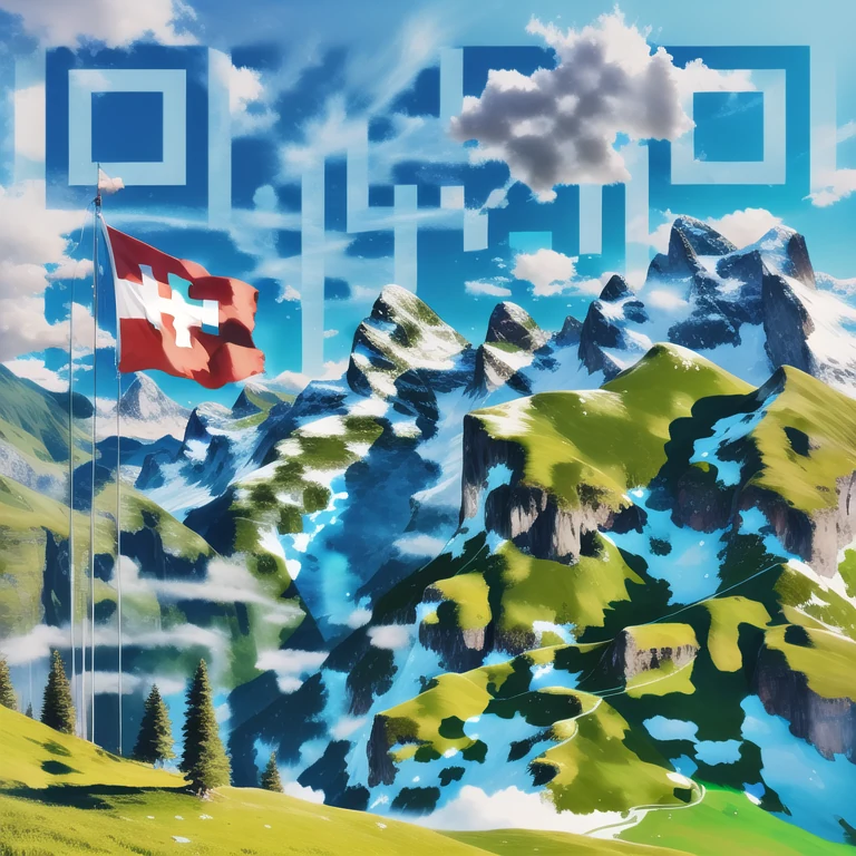 Artistic QR code generated from the prompt: GREEN MOUNTAINS, SWISS FLAG, BLUE SKY