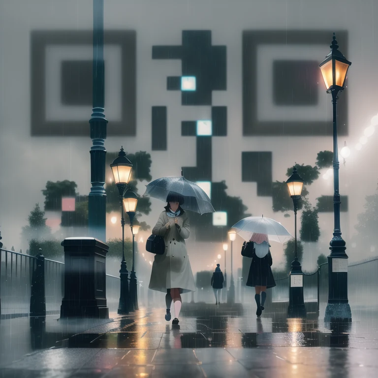 Artistic QR code generated from the prompt: A girl walks in the park under a heavy rain, and the lampposts dimly glow while lightning flashes.